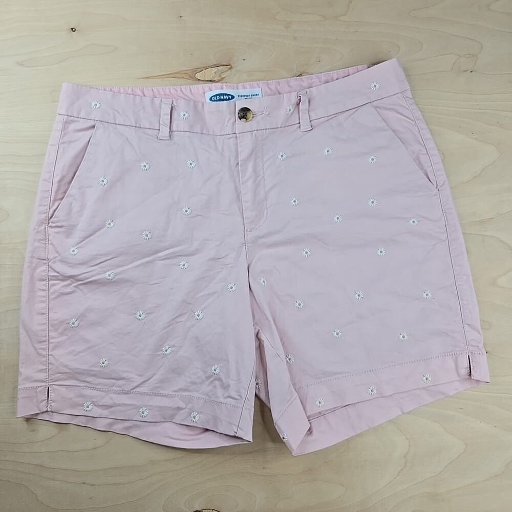 Old Navy Shorts 12 Womens Everyday Chino Pink Embroidered Daisy Stretch